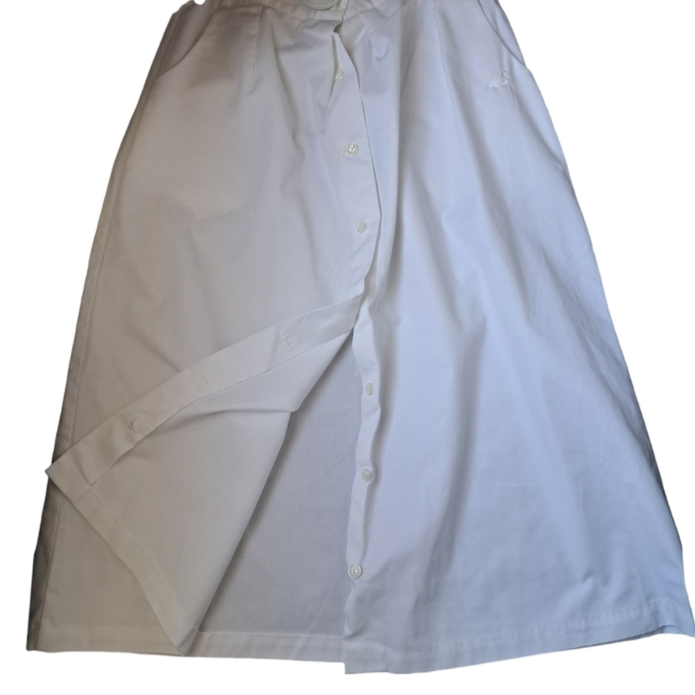 VTG NURSE uniform WHITE SWAN white button front long skirt modest coastal sz 10